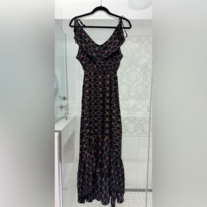 Joyfolie Paige dress in Black & Navy/orange Ikat print.